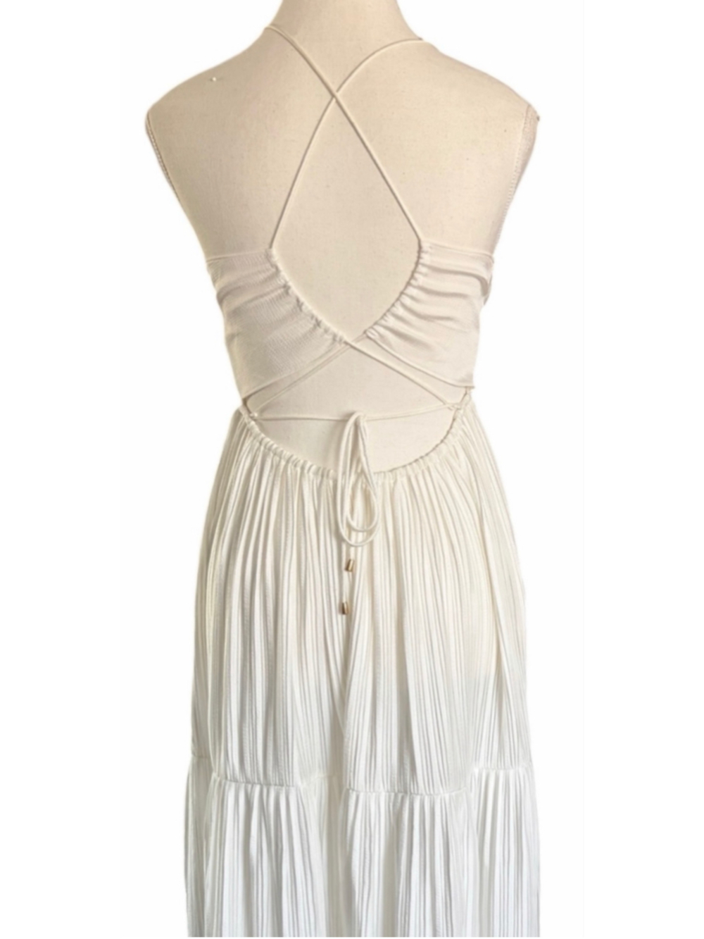 ba&sh Wasta Tiered Pleated Maxi Dress White Bridal Open Back Gold Ring NWOT Sm - Picture 6 of 8